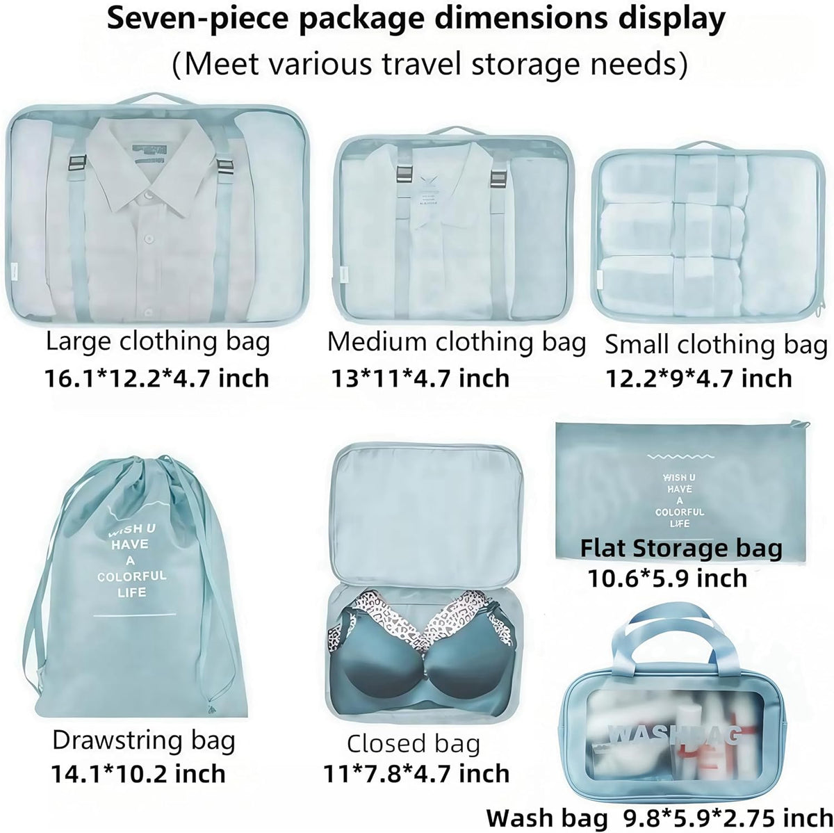 Travel packing cube 7 Piece Set, Suitcase Organizer Luggage Cubes with Wash Bag, suitcase organizer, Multi-Purpose Dispenser Bags (Black)