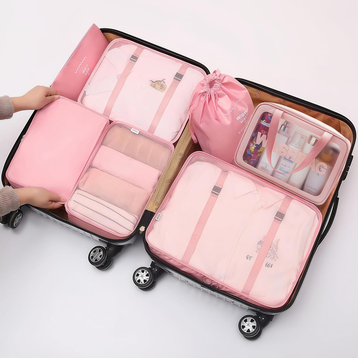 Travel packing cube 7 Piece Set, Suitcase Organizer Luggage Cubes with Wash Bag, suitcase organizer, Multi-Purpose Dispenser Bags (Black)