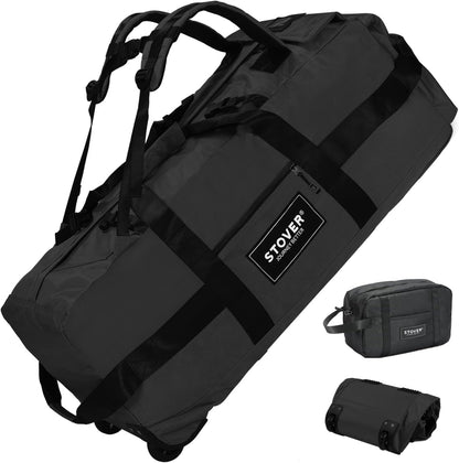 45/80/100L Rolling Duffel Bag with Wheels, X-Large Durable Travel Duffle + Toiletry Bag, Heavy Duty, Packable with Shoulder Straps- Use as Luggage or Backpack, Men/Women (Black)