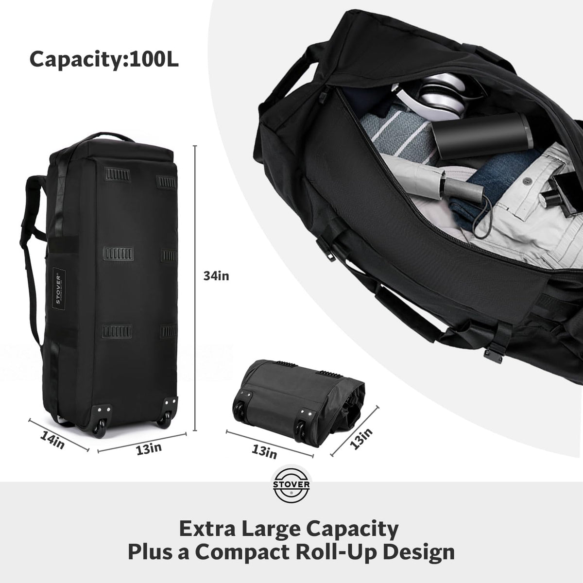 45/80/100L Rolling Duffel Bag with Wheels, X-Large Durable Travel Duffle + Toiletry Bag, Heavy Duty, Packable with Shoulder Straps- Use as Luggage or Backpack, Men/Women (Black)