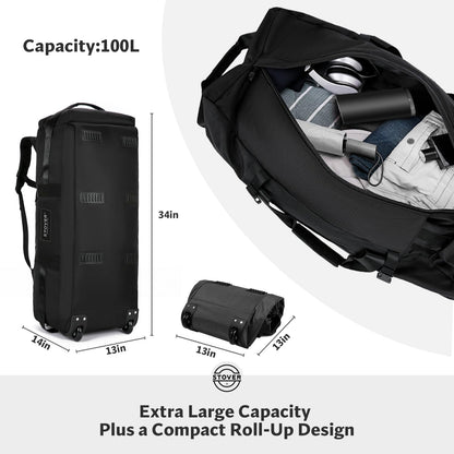 45/80/100L Rolling Duffel Bag with Wheels, X-Large Durable Travel Duffle + Toiletry Bag, Heavy Duty, Packable with Shoulder Straps- Use as Luggage or Backpack, Men/Women (Black)