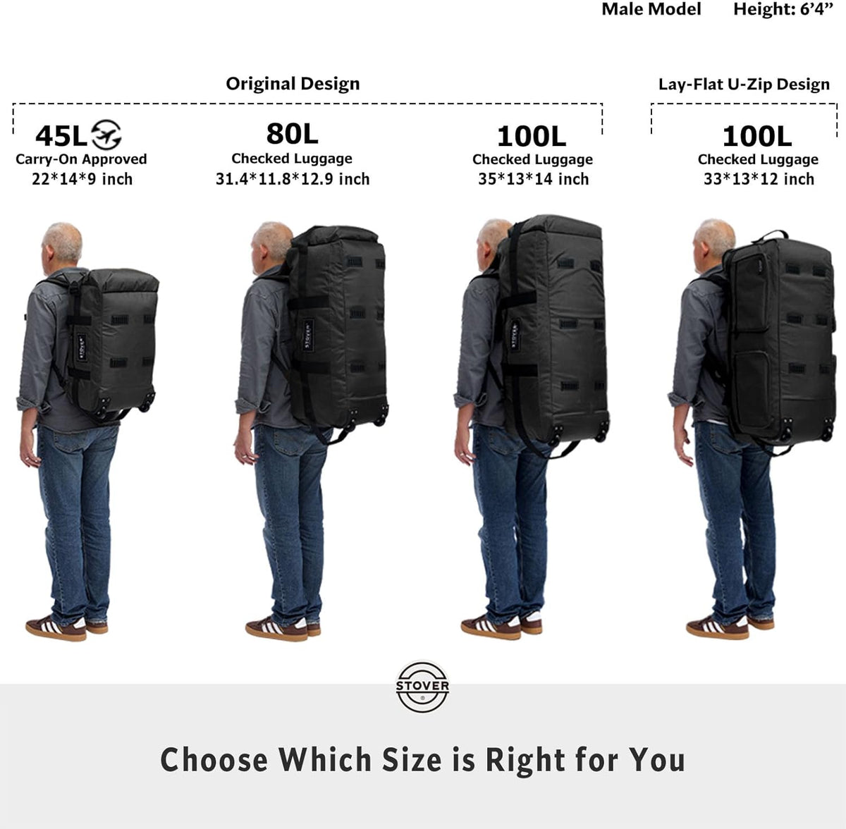 45/80/100L Rolling Duffel Bag with Wheels, X-Large Durable Travel Duffle + Toiletry Bag, Heavy Duty, Packable with Shoulder Straps- Use as Luggage or Backpack, Men/Women (Black)