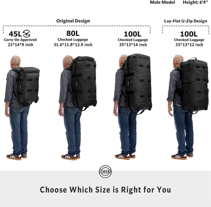 45/80/100L Rolling Duffel Bag with Wheels, X-Large Durable Travel Duffle + Toiletry Bag, Heavy Duty, Packable with Shoulder Straps- Use as Luggage or Backpack, Men/Women (Black)