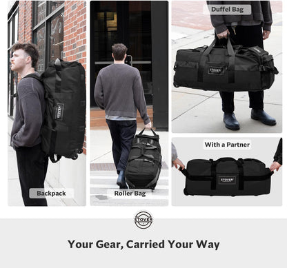 45/80/100L Rolling Duffel Bag with Wheels, X-Large Durable Travel Duffle + Toiletry Bag, Heavy Duty, Packable with Shoulder Straps- Use as Luggage or Backpack, Men/Women (Black)