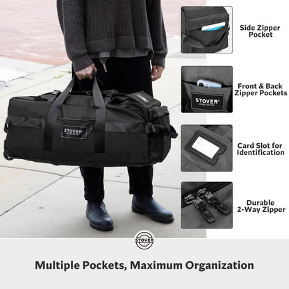 45/80/100L Rolling Duffel Bag with Wheels, X-Large Durable Travel Duffle + Toiletry Bag, Heavy Duty, Packable with Shoulder Straps- Use as Luggage or Backpack, Men/Women (Black)