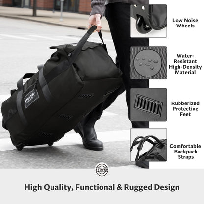 45/80/100L Rolling Duffel Bag with Wheels, X-Large Durable Travel Duffle + Toiletry Bag, Heavy Duty, Packable with Shoulder Straps- Use as Luggage or Backpack, Men/Women (Black)