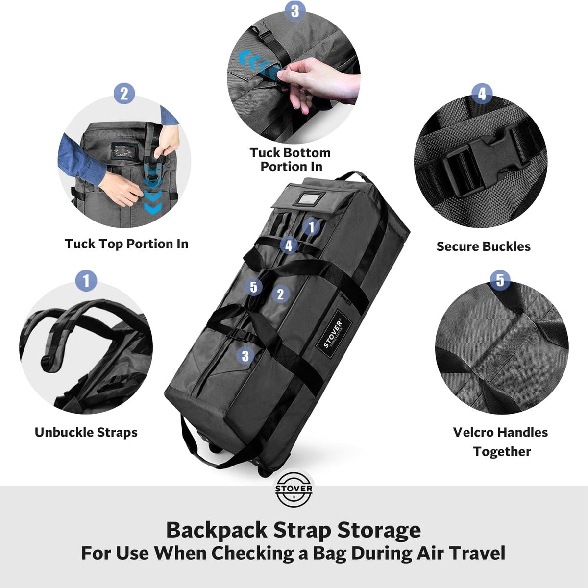45/80/100L Rolling Duffel Bag with Wheels, X-Large Durable Travel Duffle + Toiletry Bag, Heavy Duty, Packable with Shoulder Straps- Use as Luggage or Backpack, Men/Women (Black)