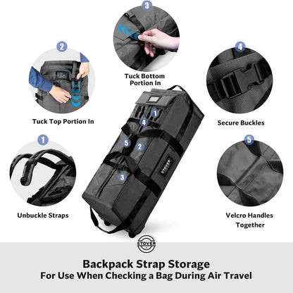 45/80/100L Rolling Duffel Bag with Wheels, X-Large Durable Travel Duffle + Toiletry Bag, Heavy Duty, Packable with Shoulder Straps- Use as Luggage or Backpack, Men/Women (Black)