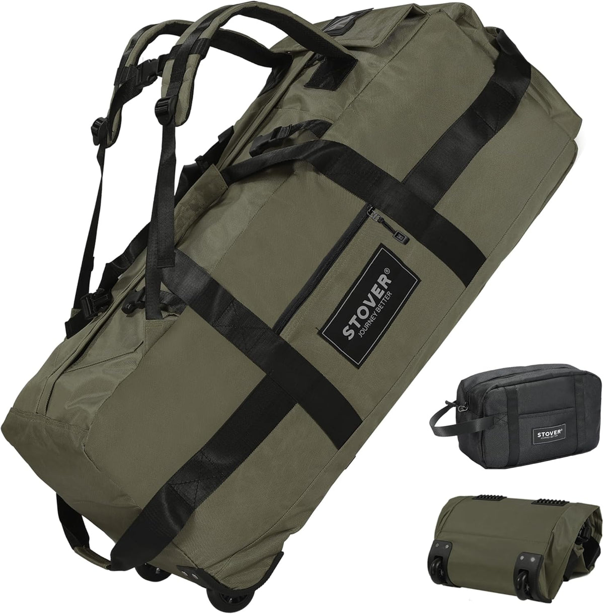 45/80/100L Rolling Duffel Bag with Wheels, X-Large Durable Travel Duffle + Toiletry Bag, Heavy Duty, Packable with Shoulder Straps- Use as Luggage or Backpack, Men/Women (Black)