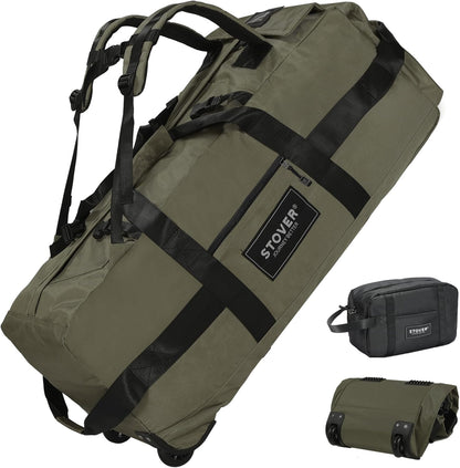45/80/100L Rolling Duffel Bag with Wheels, X-Large Durable Travel Duffle + Toiletry Bag, Heavy Duty, Packable with Shoulder Straps- Use as Luggage or Backpack, Men/Women (Black)