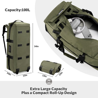 45/80/100L Rolling Duffel Bag with Wheels, X-Large Durable Travel Duffle + Toiletry Bag, Heavy Duty, Packable with Shoulder Straps- Use as Luggage or Backpack, Men/Women (Black)