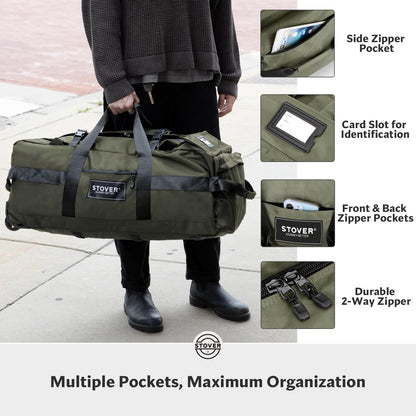 45/80/100L Rolling Duffel Bag with Wheels, X-Large Durable Travel Duffle + Toiletry Bag, Heavy Duty, Packable with Shoulder Straps- Use as Luggage or Backpack, Men/Women (Black)