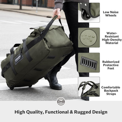 45/80/100L Rolling Duffel Bag with Wheels, X-Large Durable Travel Duffle + Toiletry Bag, Heavy Duty, Packable with Shoulder Straps- Use as Luggage or Backpack, Men/Women (Black)
