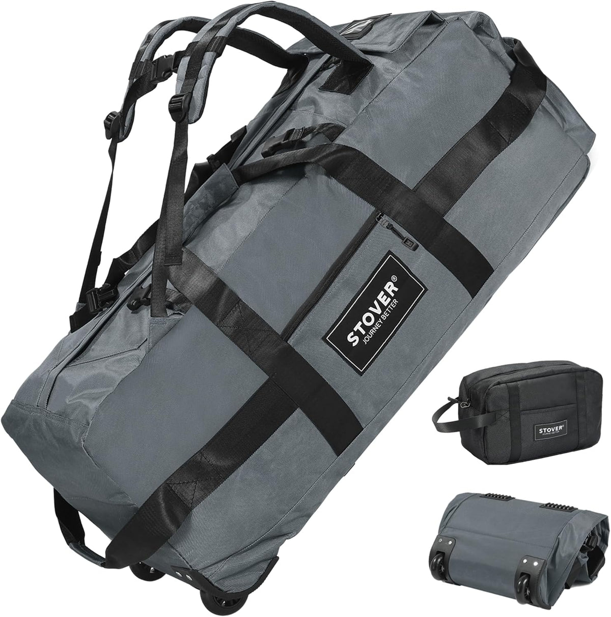 45/80/100L Rolling Duffel Bag with Wheels, X-Large Durable Travel Duffle + Toiletry Bag, Heavy Duty, Packable with Shoulder Straps- Use as Luggage or Backpack, Men/Women (Black)