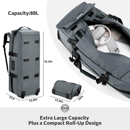 45/80/100L Rolling Duffel Bag with Wheels, X-Large Durable Travel Duffle + Toiletry Bag, Heavy Duty, Packable with Shoulder Straps- Use as Luggage or Backpack, Men/Women (Black)