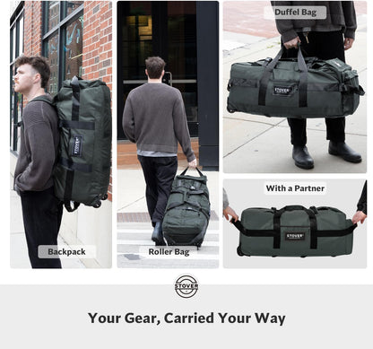 45/80/100L Rolling Duffel Bag with Wheels, X-Large Durable Travel Duffle + Toiletry Bag, Heavy Duty, Packable with Shoulder Straps- Use as Luggage or Backpack, Men/Women (Black)