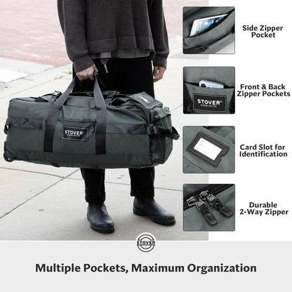 45/80/100L Rolling Duffel Bag with Wheels, X-Large Durable Travel Duffle + Toiletry Bag, Heavy Duty, Packable with Shoulder Straps- Use as Luggage or Backpack, Men/Women (Black)