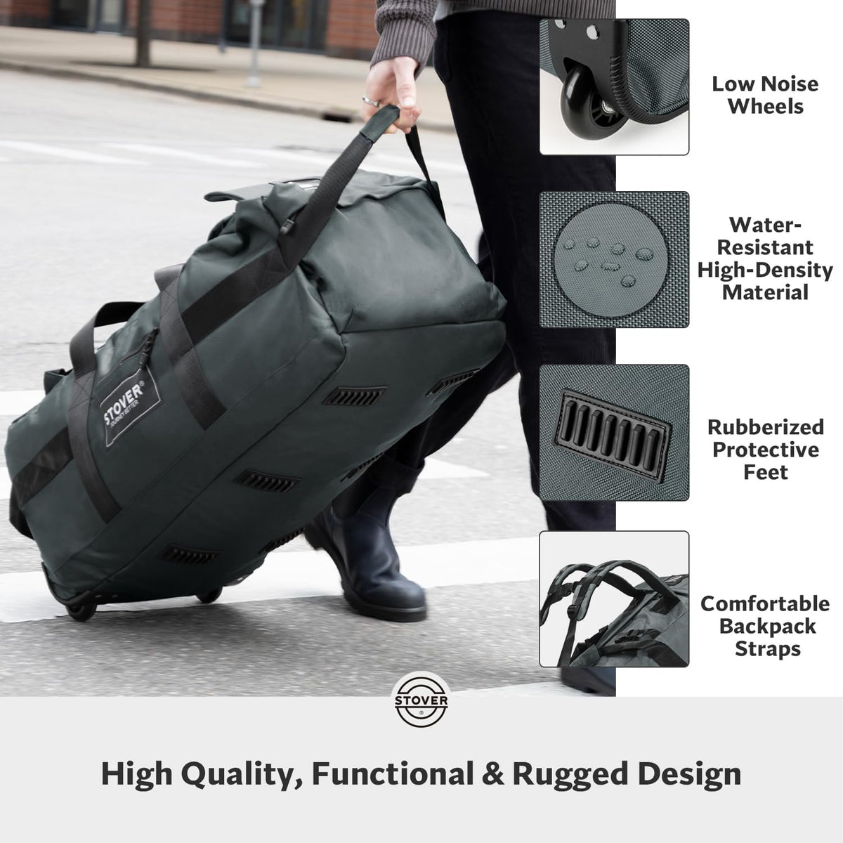 45/80/100L Rolling Duffel Bag with Wheels, X-Large Durable Travel Duffle + Toiletry Bag, Heavy Duty, Packable with Shoulder Straps- Use as Luggage or Backpack, Men/Women (Black)