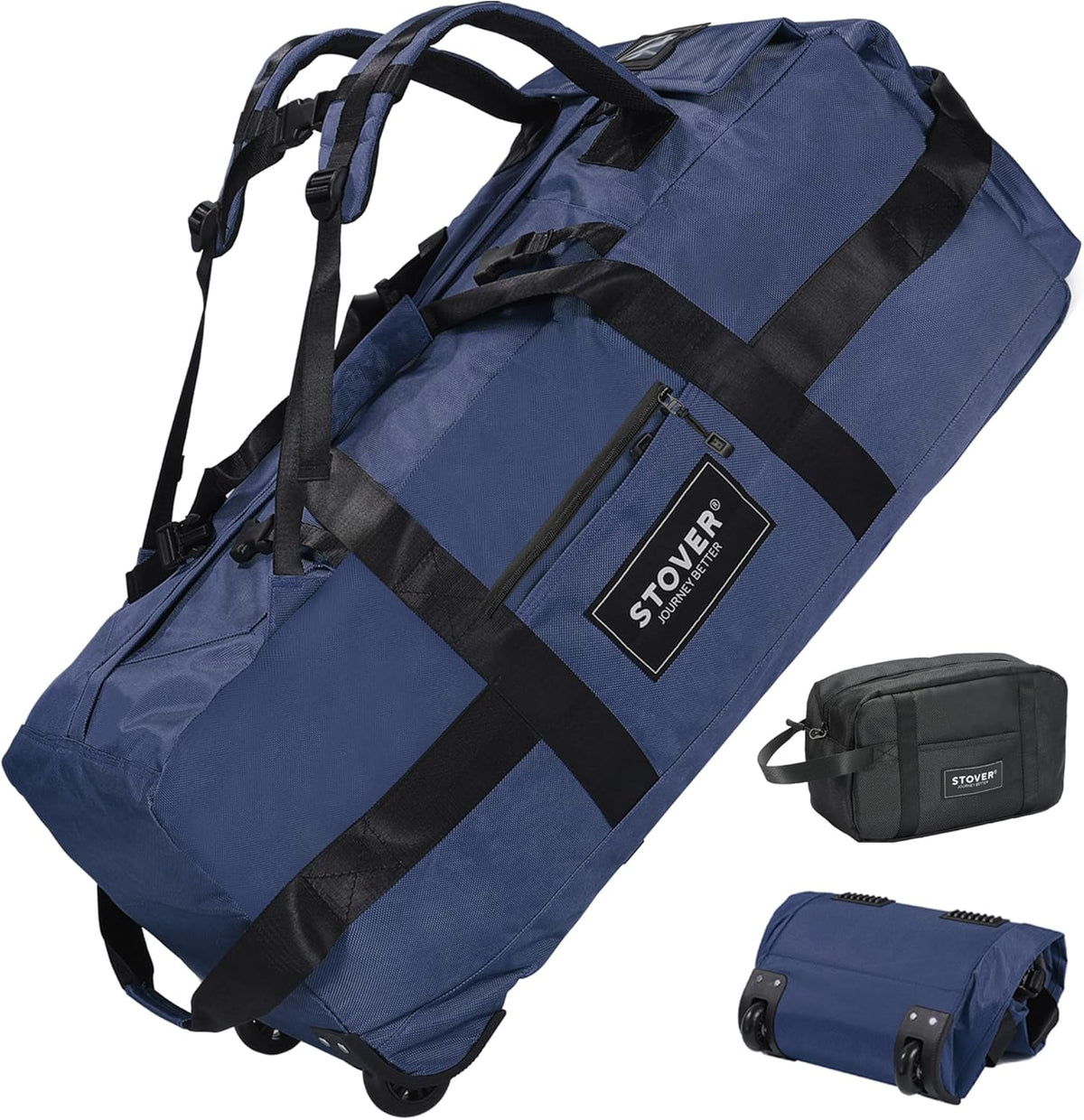 45/80/100L Rolling Duffel Bag with Wheels, X-Large Durable Travel Duffle + Toiletry Bag, Heavy Duty, Packable with Shoulder Straps- Use as Luggage or Backpack, Men/Women (Black)