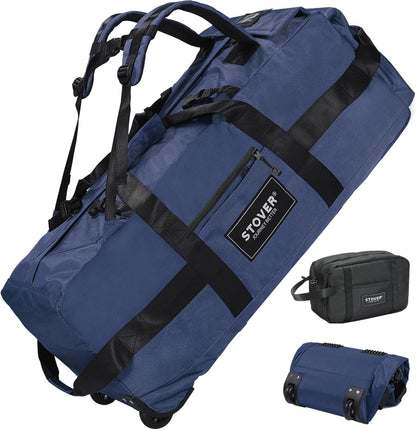 45/80/100L Rolling Duffel Bag with Wheels, X-Large Durable Travel Duffle + Toiletry Bag, Heavy Duty, Packable with Shoulder Straps- Use as Luggage or Backpack, Men/Women (Black)