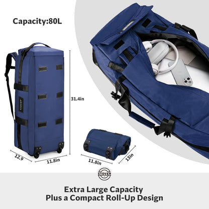 45/80/100L Rolling Duffel Bag with Wheels, X-Large Durable Travel Duffle + Toiletry Bag, Heavy Duty, Packable with Shoulder Straps- Use as Luggage or Backpack, Men/Women (Black)