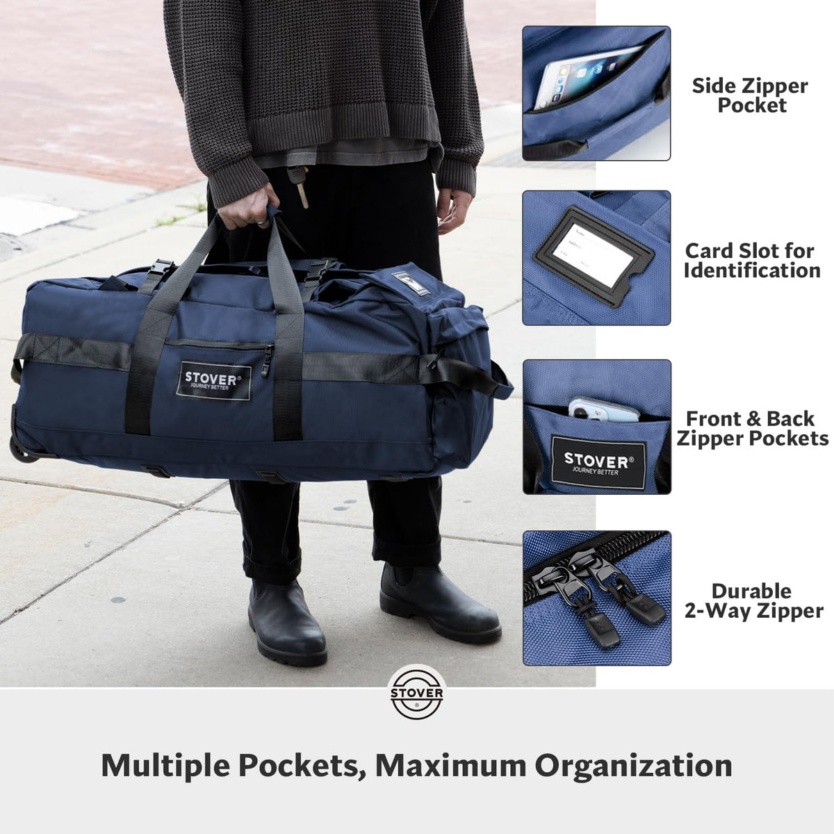 45/80/100L Rolling Duffel Bag with Wheels, X-Large Durable Travel Duffle + Toiletry Bag, Heavy Duty, Packable with Shoulder Straps- Use as Luggage or Backpack, Men/Women (Black)