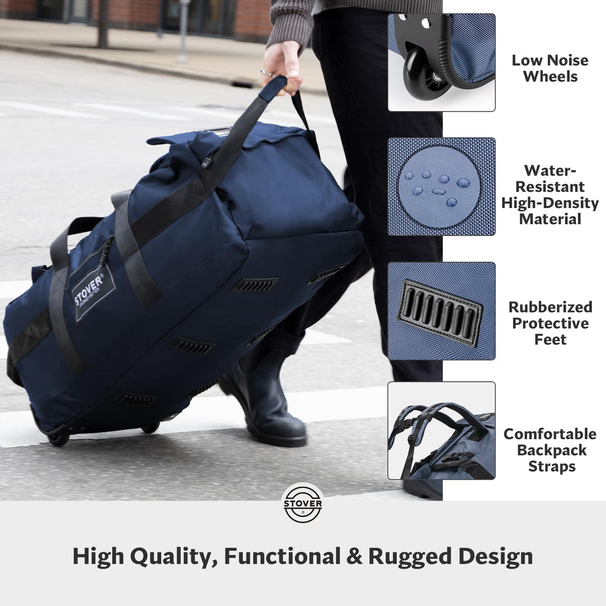 45/80/100L Rolling Duffel Bag with Wheels, X-Large Durable Travel Duffle + Toiletry Bag, Heavy Duty, Packable with Shoulder Straps- Use as Luggage or Backpack, Men/Women (Black)