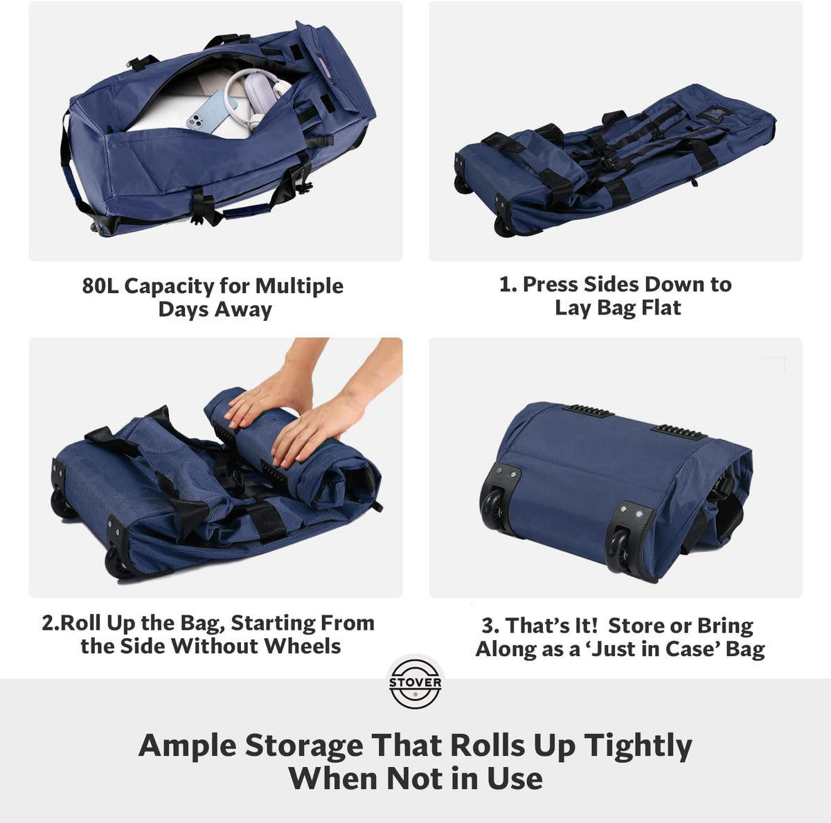 45/80/100L Rolling Duffel Bag with Wheels, X-Large Durable Travel Duffle + Toiletry Bag, Heavy Duty, Packable with Shoulder Straps- Use as Luggage or Backpack, Men/Women (Black)