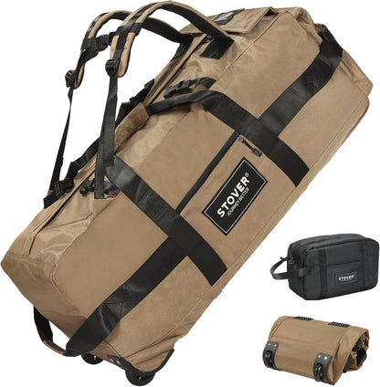 45/80/100L Rolling Duffel Bag with Wheels, X-Large Durable Travel Duffle + Toiletry Bag, Heavy Duty, Packable with Shoulder Straps- Use as Luggage or Backpack, Men/Women (Black)