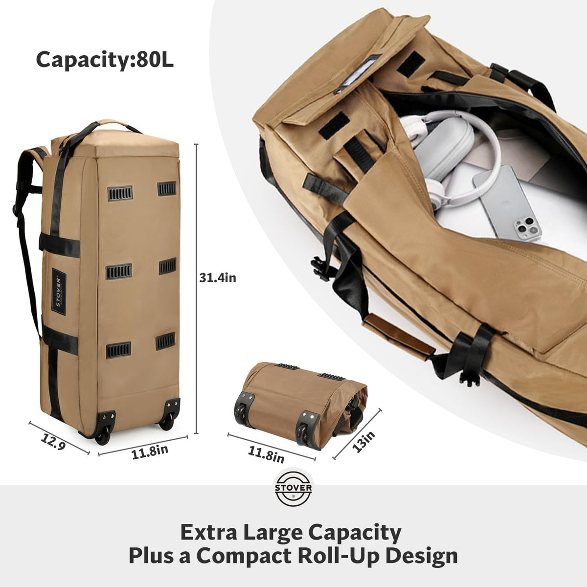 45/80/100L Rolling Duffel Bag with Wheels, X-Large Durable Travel Duffle + Toiletry Bag, Heavy Duty, Packable with Shoulder Straps- Use as Luggage or Backpack, Men/Women (Black)
