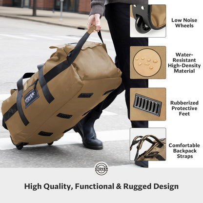 45/80/100L Rolling Duffel Bag with Wheels, X-Large Durable Travel Duffle + Toiletry Bag, Heavy Duty, Packable with Shoulder Straps- Use as Luggage or Backpack, Men/Women (Black)