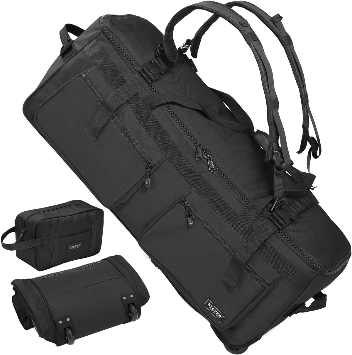 45/80/100L Rolling Duffel Bag with Wheels, X-Large Durable Travel Duffle + Toiletry Bag, Heavy Duty, Packable with Shoulder Straps- Use as Luggage or Backpack, Men/Women (Black)
