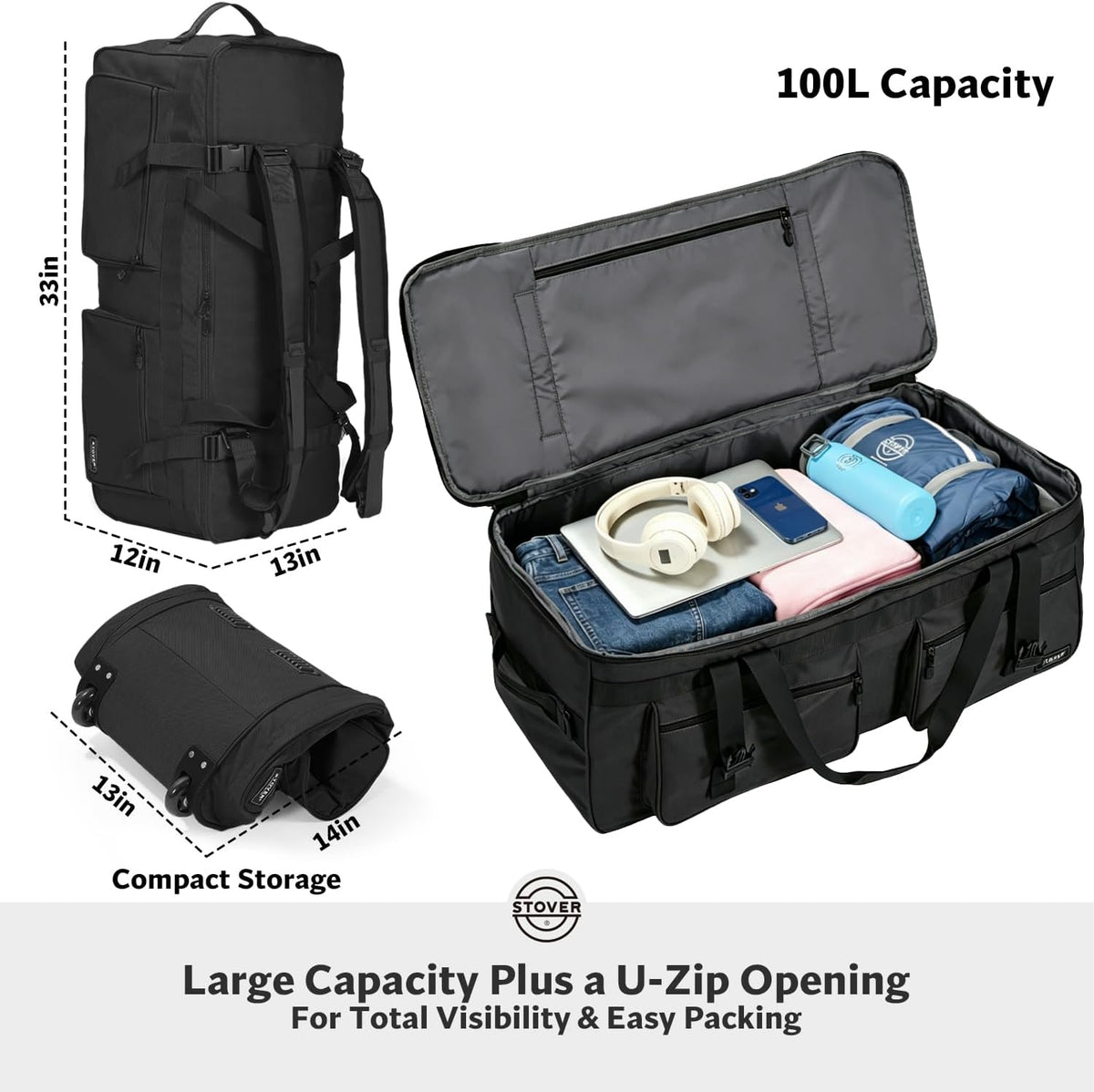 45/80/100L Rolling Duffel Bag with Wheels, X-Large Durable Travel Duffle + Toiletry Bag, Heavy Duty, Packable with Shoulder Straps- Use as Luggage or Backpack, Men/Women (Black)