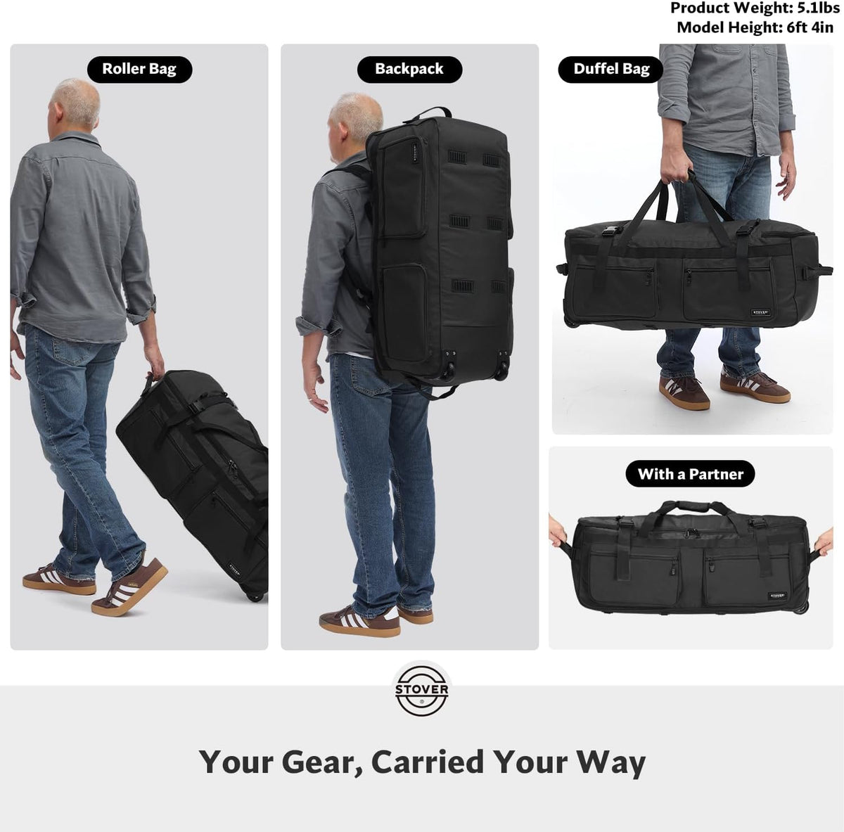 45/80/100L Rolling Duffel Bag with Wheels, X-Large Durable Travel Duffle + Toiletry Bag, Heavy Duty, Packable with Shoulder Straps- Use as Luggage or Backpack, Men/Women (Black)