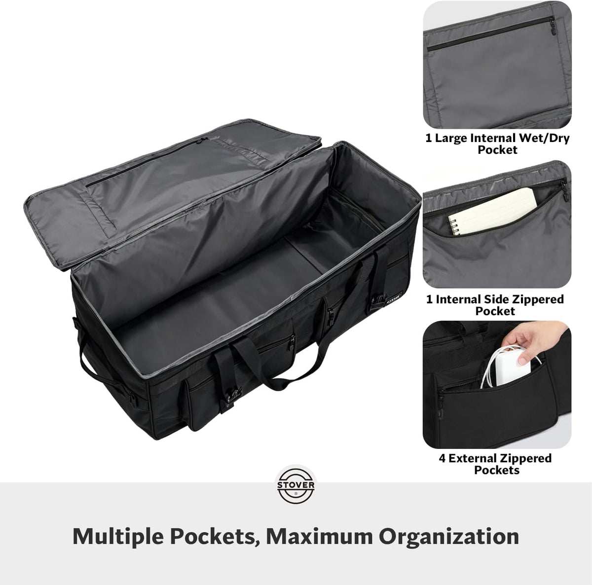 45/80/100L Rolling Duffel Bag with Wheels, X-Large Durable Travel Duffle + Toiletry Bag, Heavy Duty, Packable with Shoulder Straps- Use as Luggage or Backpack, Men/Women (Black)