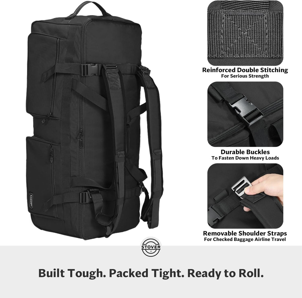 45/80/100L Rolling Duffel Bag with Wheels, X-Large Durable Travel Duffle + Toiletry Bag, Heavy Duty, Packable with Shoulder Straps- Use as Luggage or Backpack, Men/Women (Black)
