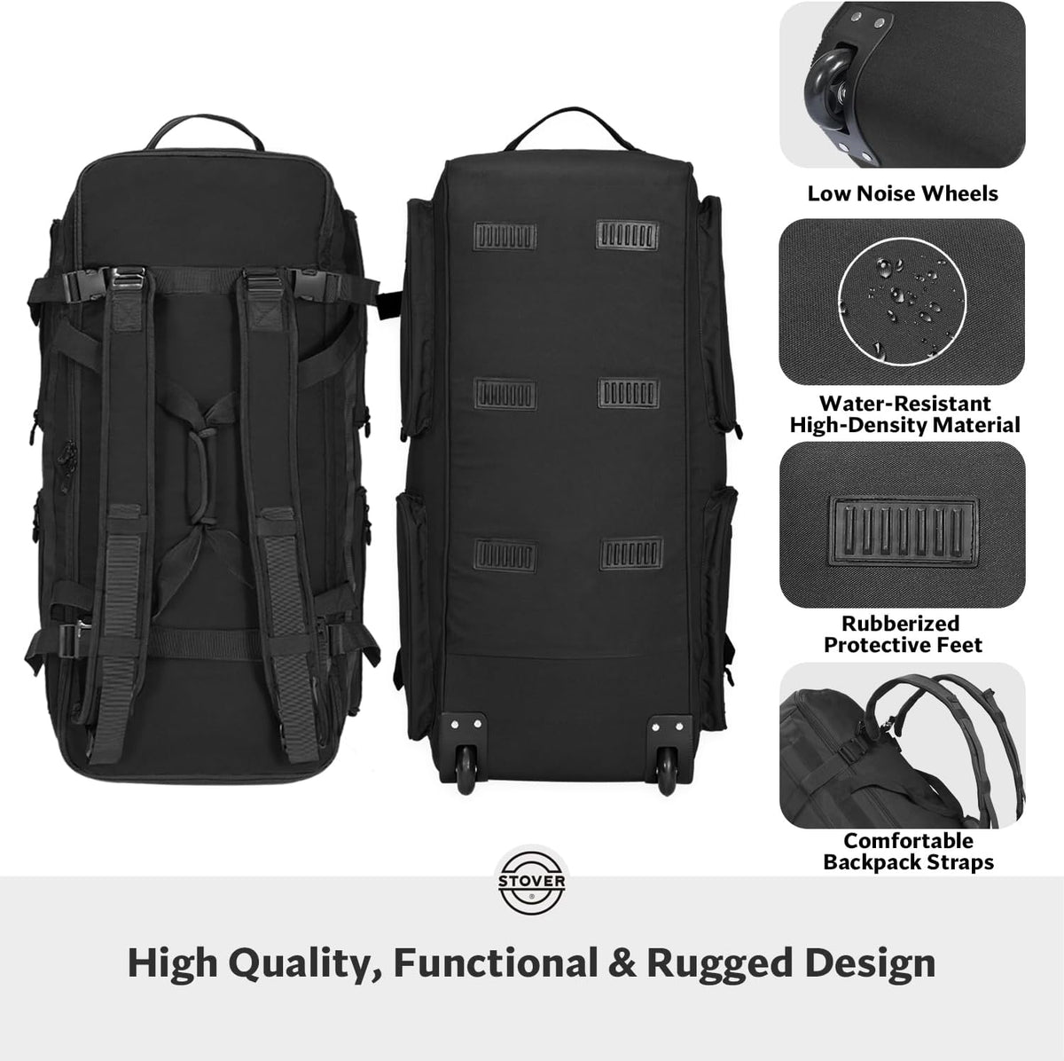 45/80/100L Rolling Duffel Bag with Wheels, X-Large Durable Travel Duffle + Toiletry Bag, Heavy Duty, Packable with Shoulder Straps- Use as Luggage or Backpack, Men/Women (Black)