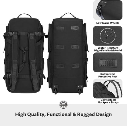45/80/100L Rolling Duffel Bag with Wheels, X-Large Durable Travel Duffle + Toiletry Bag, Heavy Duty, Packable with Shoulder Straps- Use as Luggage or Backpack, Men/Women (Black)