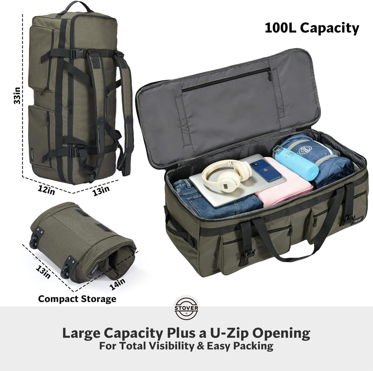 45/80/100L Rolling Duffel Bag with Wheels, X-Large Durable Travel Duffle + Toiletry Bag, Heavy Duty, Packable with Shoulder Straps- Use as Luggage or Backpack, Men/Women (Black)