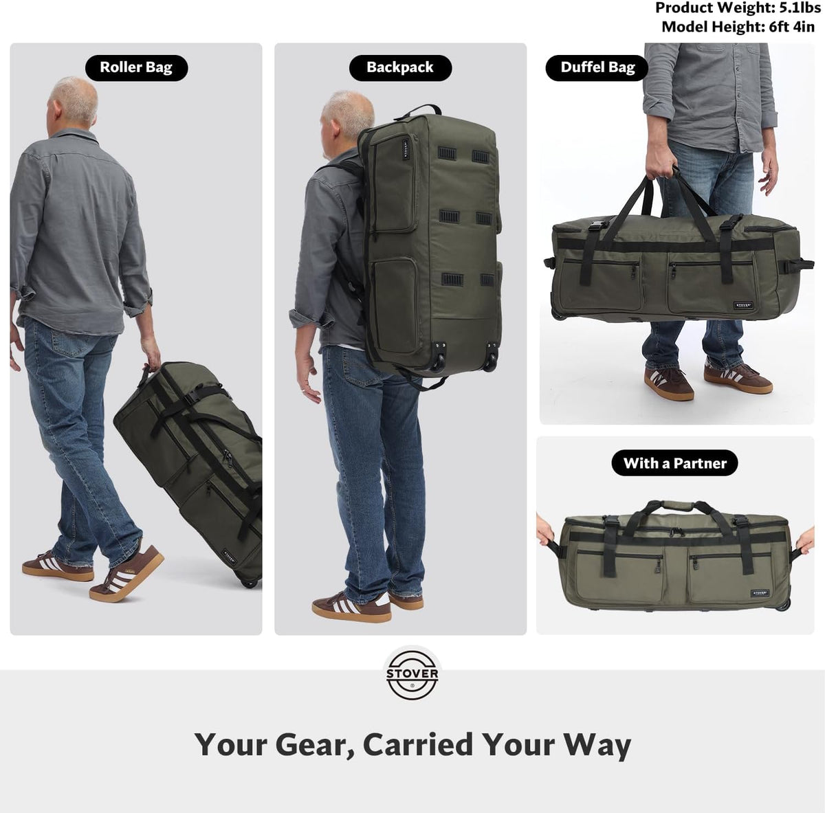 45/80/100L Rolling Duffel Bag with Wheels, X-Large Durable Travel Duffle + Toiletry Bag, Heavy Duty, Packable with Shoulder Straps- Use as Luggage or Backpack, Men/Women (Black)