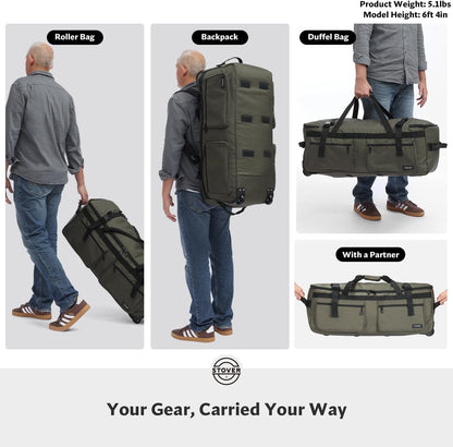 45/80/100L Rolling Duffel Bag with Wheels, X-Large Durable Travel Duffle + Toiletry Bag, Heavy Duty, Packable with Shoulder Straps- Use as Luggage or Backpack, Men/Women (Black)