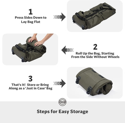 45/80/100L Rolling Duffel Bag with Wheels, X-Large Durable Travel Duffle + Toiletry Bag, Heavy Duty, Packable with Shoulder Straps- Use as Luggage or Backpack, Men/Women (Black)