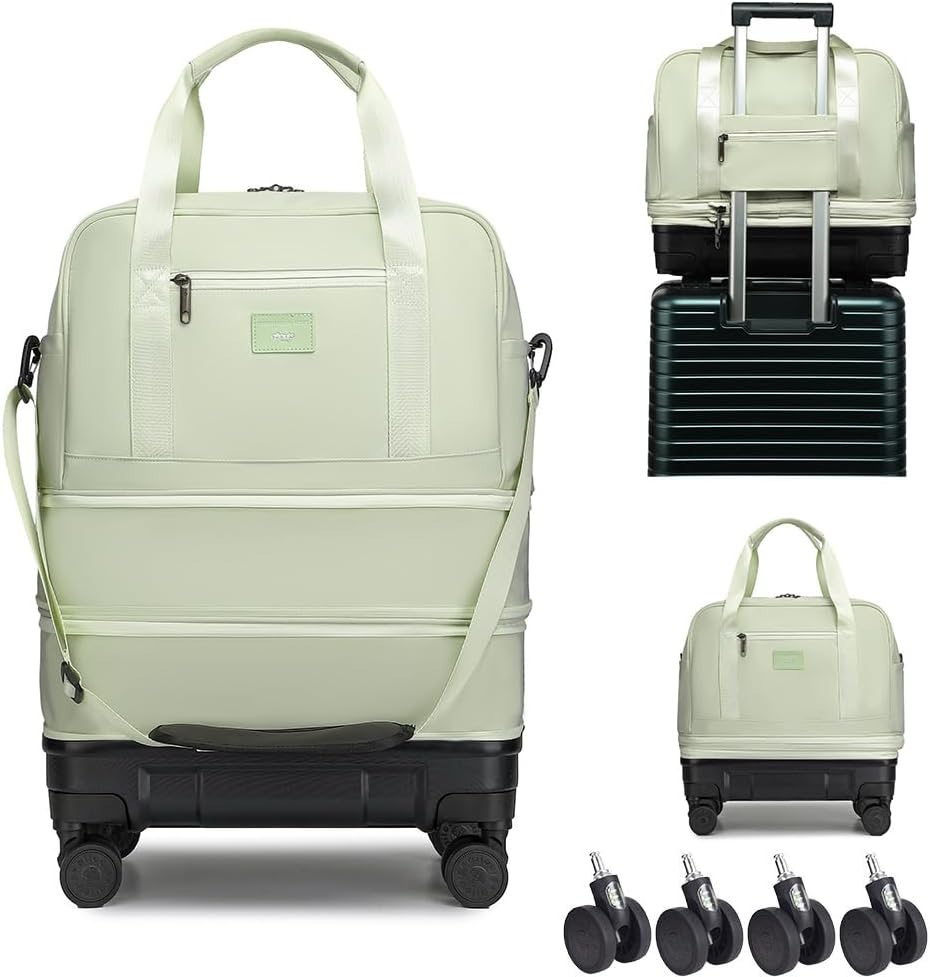 Rolling Duffle Bag with Detachable Shock Absorbing Wheels, Expandable Foldable Suitcase for Travel,Collapsible Luggage Carry on Duffel Overnight Weekend Bags