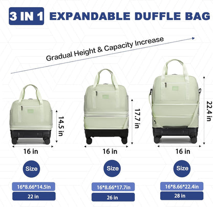 Rolling Duffle Bag with Detachable Shock Absorbing Wheels, Expandable Foldable Suitcase for Travel,Collapsible Luggage Carry on Duffel Overnight Weekend Bags