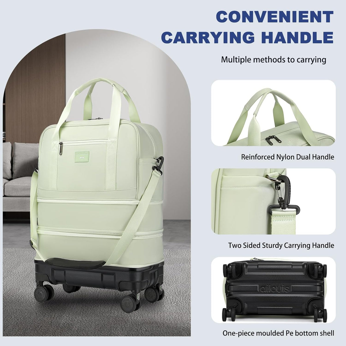 Rolling Duffle Bag with Detachable Shock Absorbing Wheels, Expandable Foldable Suitcase for Travel,Collapsible Luggage Carry on Duffel Overnight Weekend Bags
