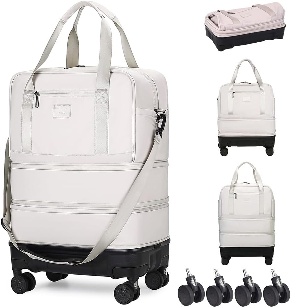 Rolling Duffle Bag with Detachable Shock Absorbing Wheels, Expandable Foldable Suitcase for Travel,Collapsible Luggage Carry on Duffel Overnight Weekend Bags