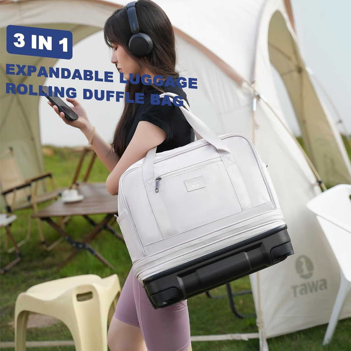 Rolling Duffle Bag with Detachable Shock Absorbing Wheels, Expandable Foldable Suitcase for Travel,Collapsible Luggage Carry on Duffel Overnight Weekend Bags