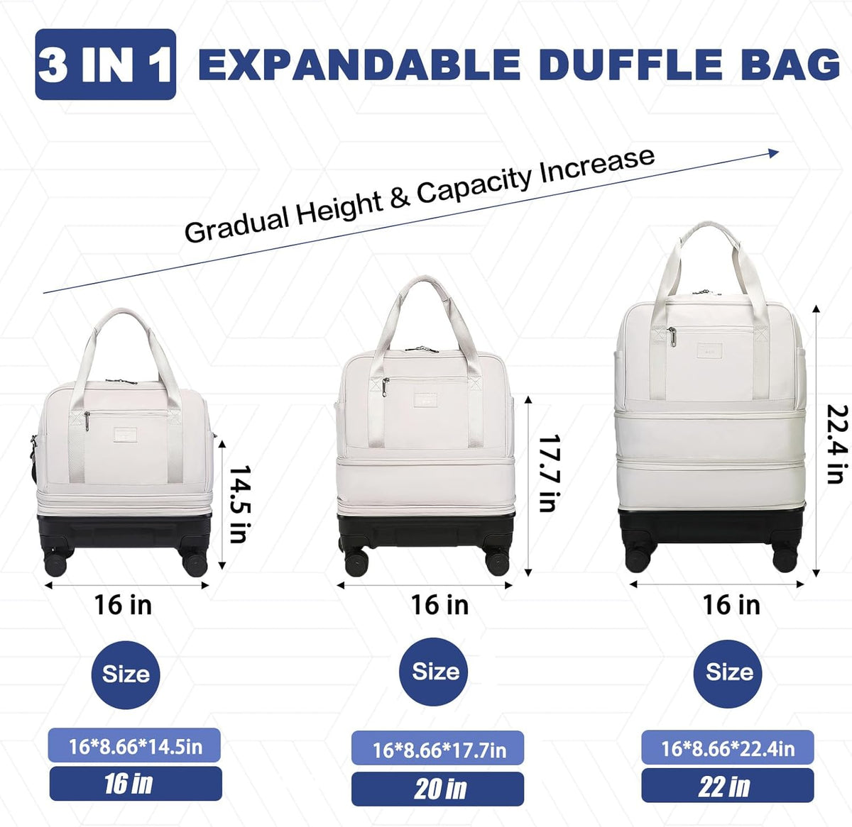 Rolling Duffle Bag with Detachable Shock Absorbing Wheels, Expandable Foldable Suitcase for Travel,Collapsible Luggage Carry on Duffel Overnight Weekend Bags