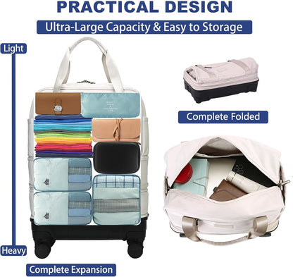 Rolling Duffle Bag with Detachable Shock Absorbing Wheels, Expandable Foldable Suitcase for Travel,Collapsible Luggage Carry on Duffel Overnight Weekend Bags