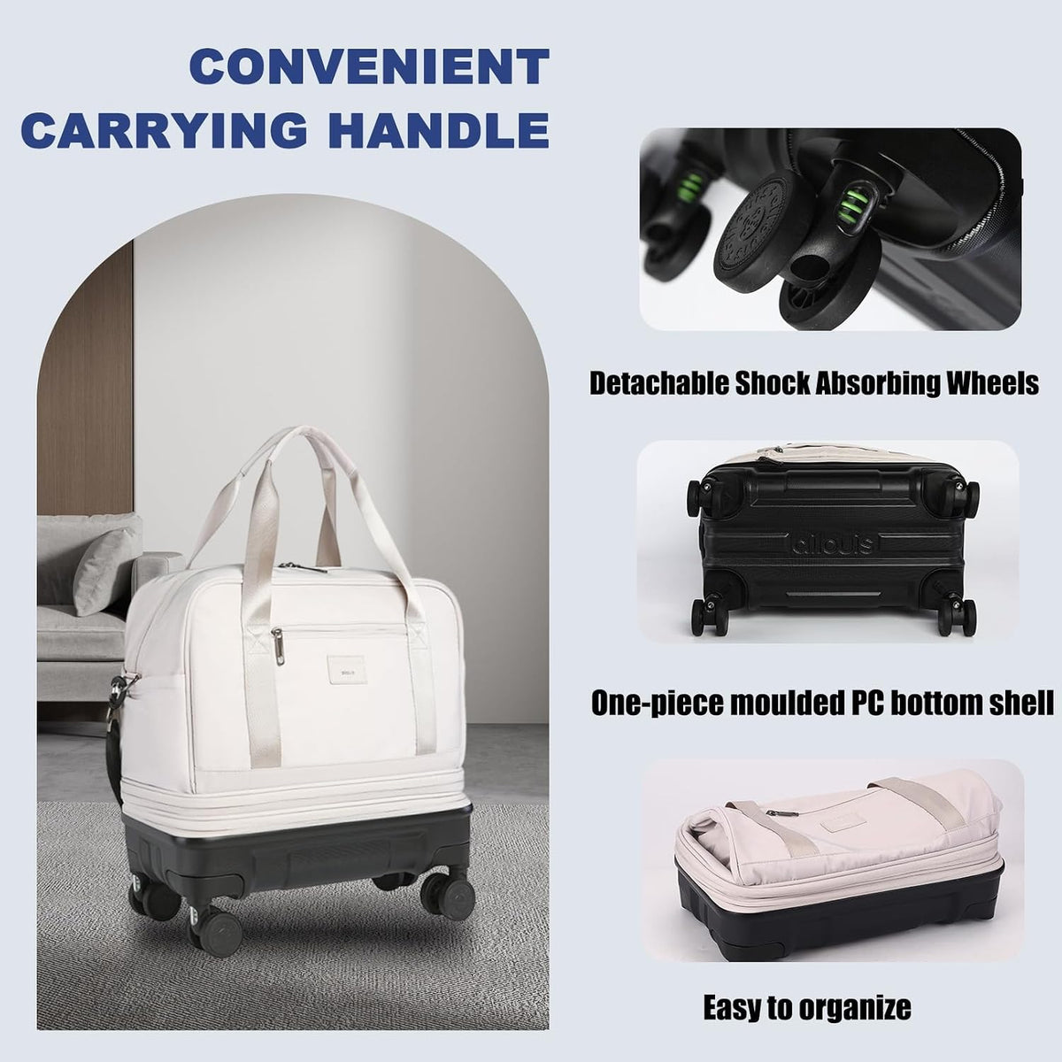 Rolling Duffle Bag with Detachable Shock Absorbing Wheels, Expandable Foldable Suitcase for Travel,Collapsible Luggage Carry on Duffel Overnight Weekend Bags